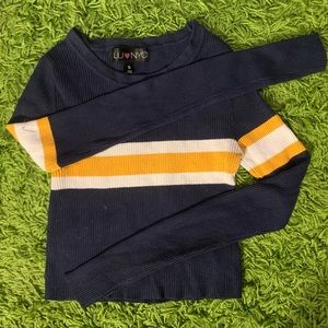 Navy blue long sleeve cropped sweater with yellow and white stripes